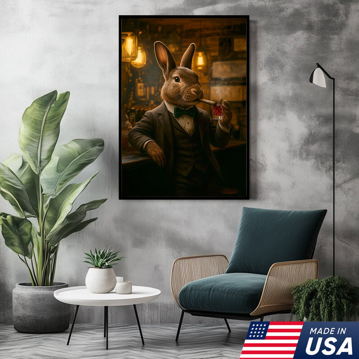 Rabbit Gentleman Wall Art – Classy Drinking & Smoking Canvas for Bar, Lodge & Man Cave Decor