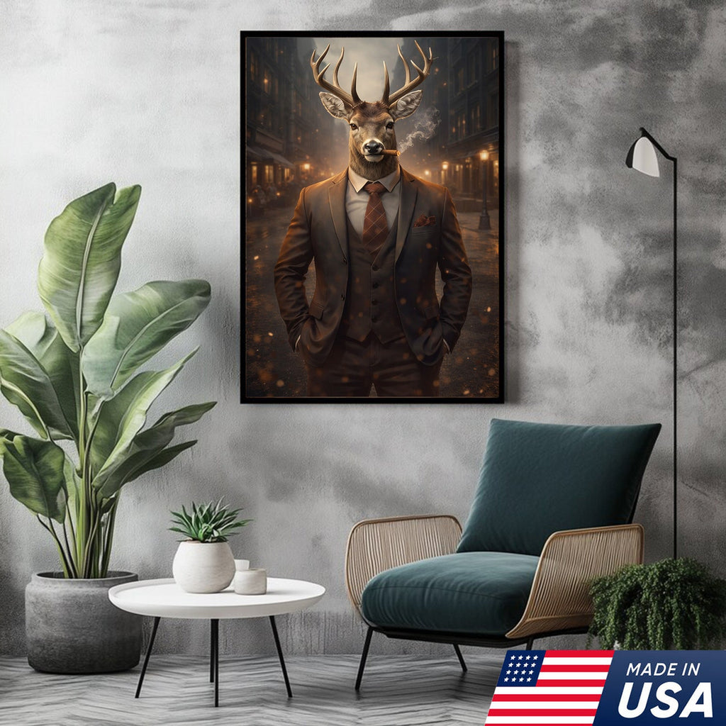 Stylish Deer Gentleman Canvas Wall Art, Anthropomorphic Animal City Night Artwork