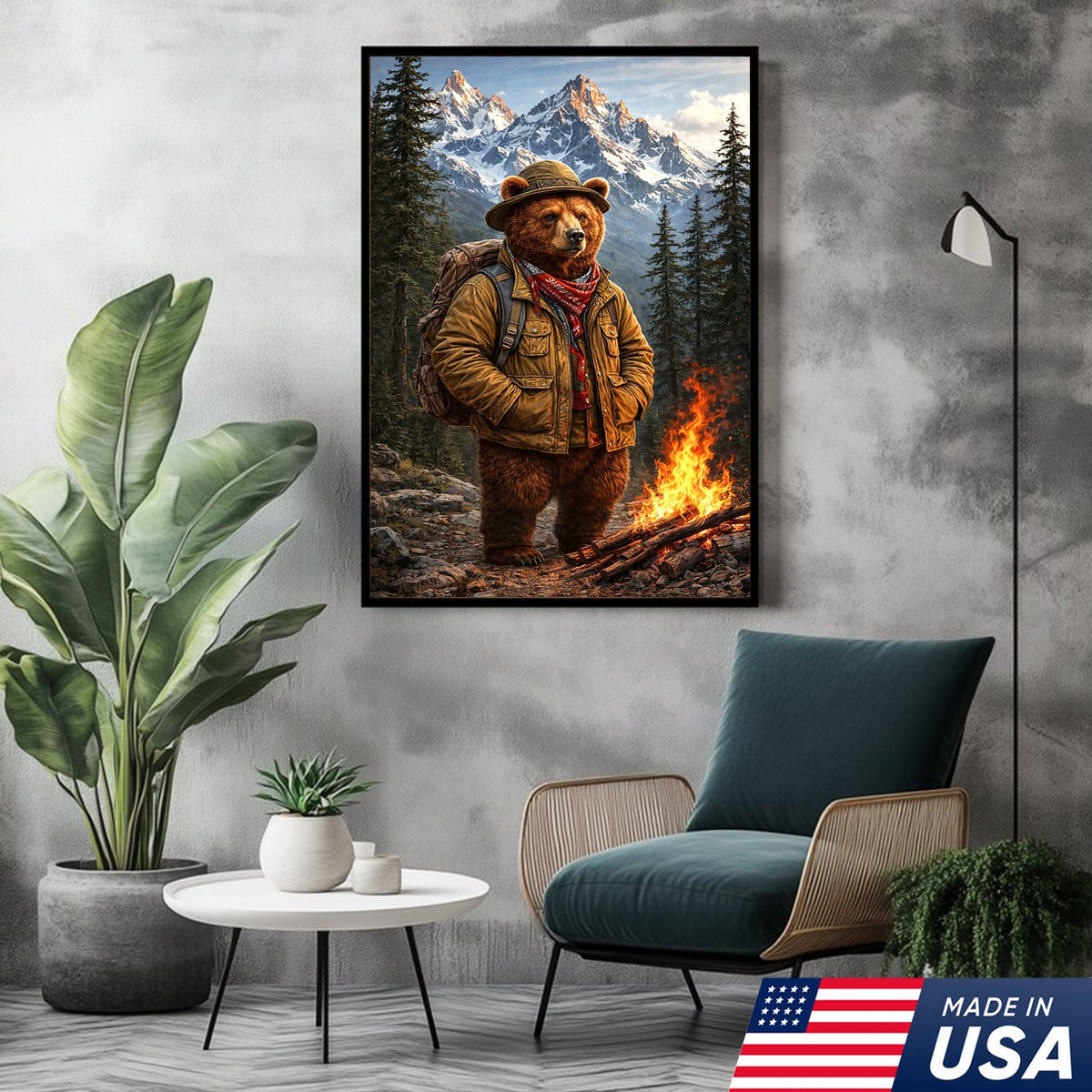 Mountain Explorer Bear Canvas Wall Art – Realistic Wildlife Hiking Print