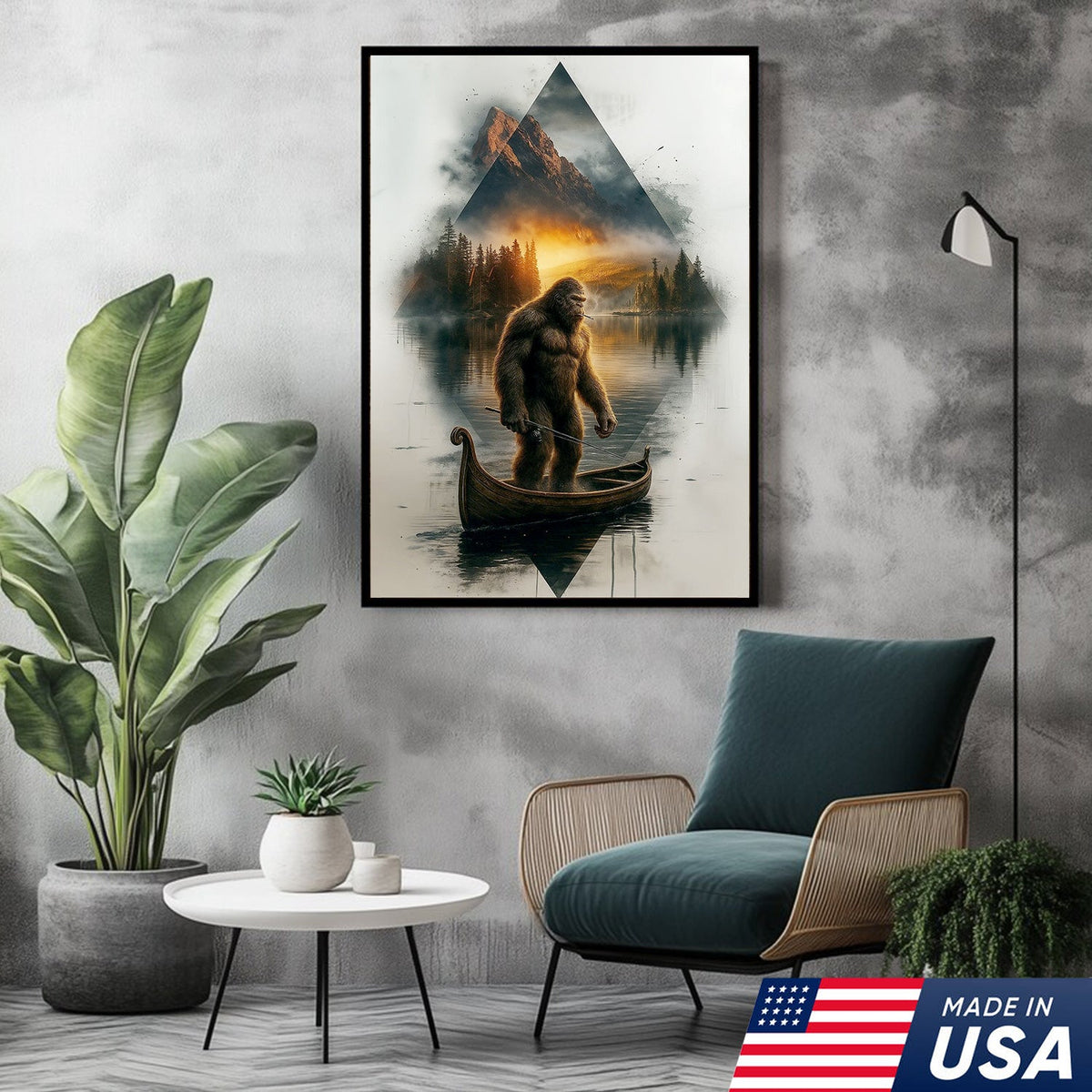 Bigfoot Fishing On Wooden Boat Adventure Canvas Wall Art – Mysterious Forest Lake Decor