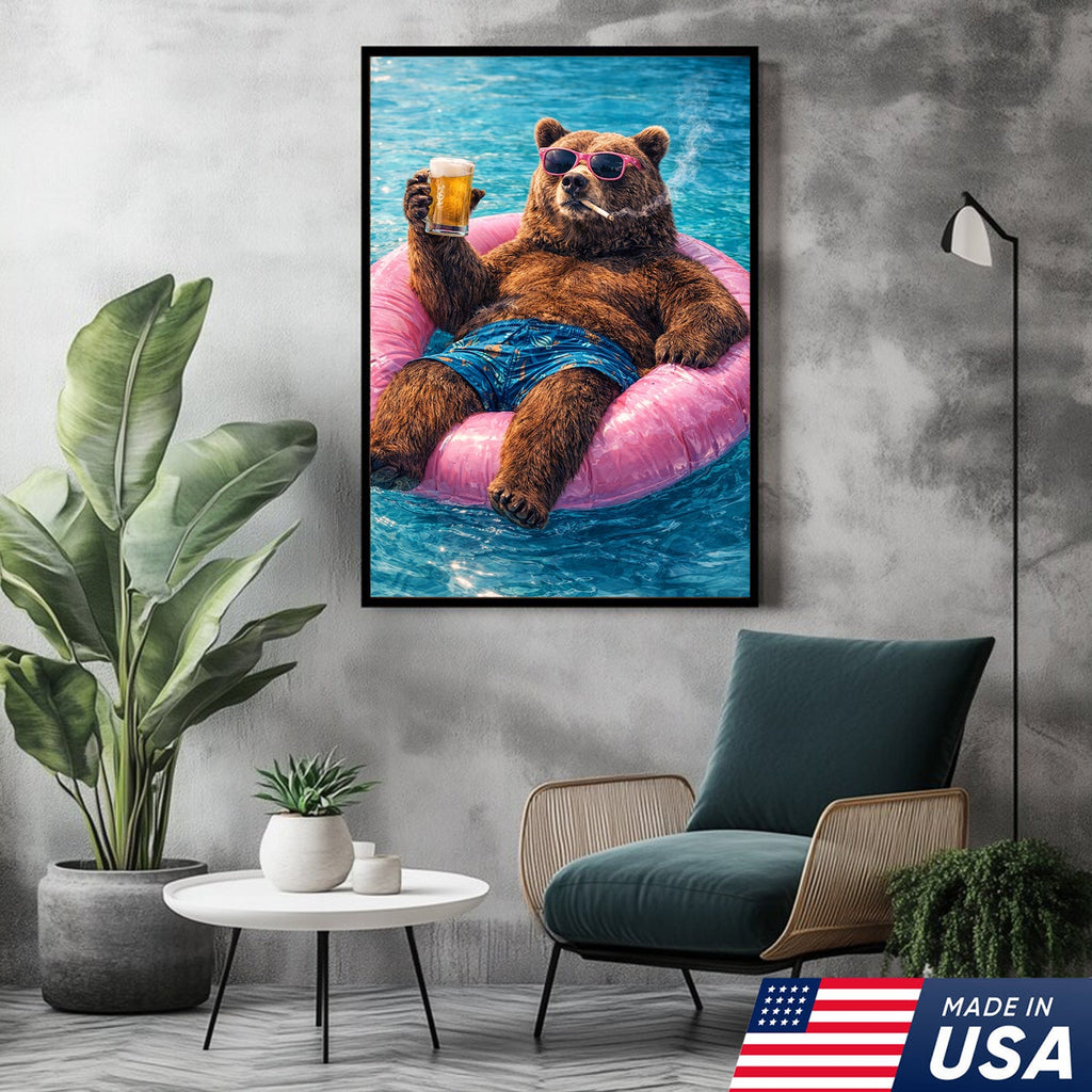 Funny Bear Pool Canvas Wall Art – Cool Bear Drinking Beer Funny Animal Decor
