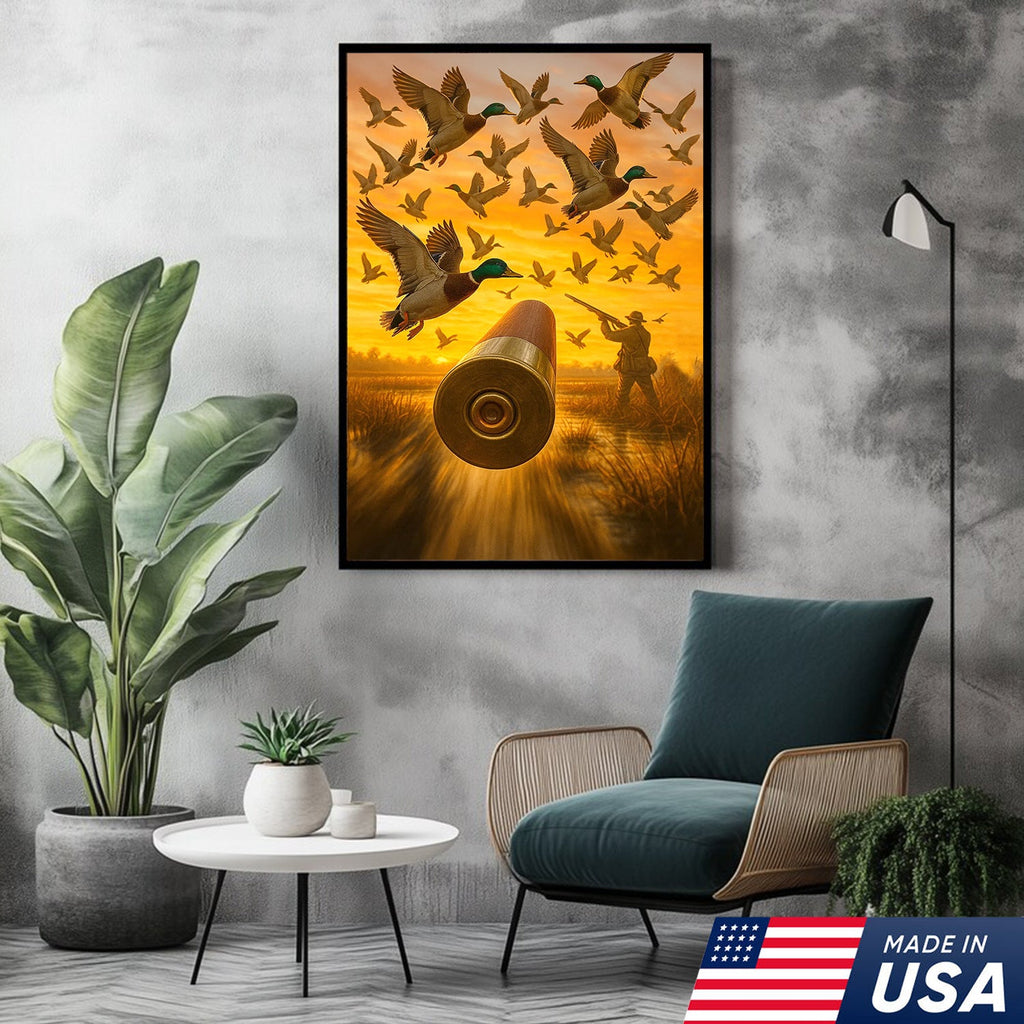 Duck Hunting Canvas Wall Art, Shotgun Shell and Flying Mallards Artwork, Rustic Cabin Decor for Hunters