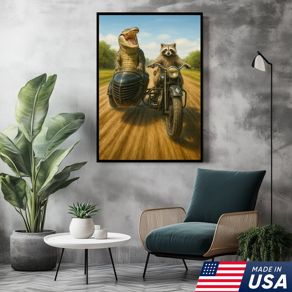 Raccoon Riding Motorcycle with Alligator Sidecar Canvas Wall Art, Funny Wildlife Road Trip Decor for Man Cave