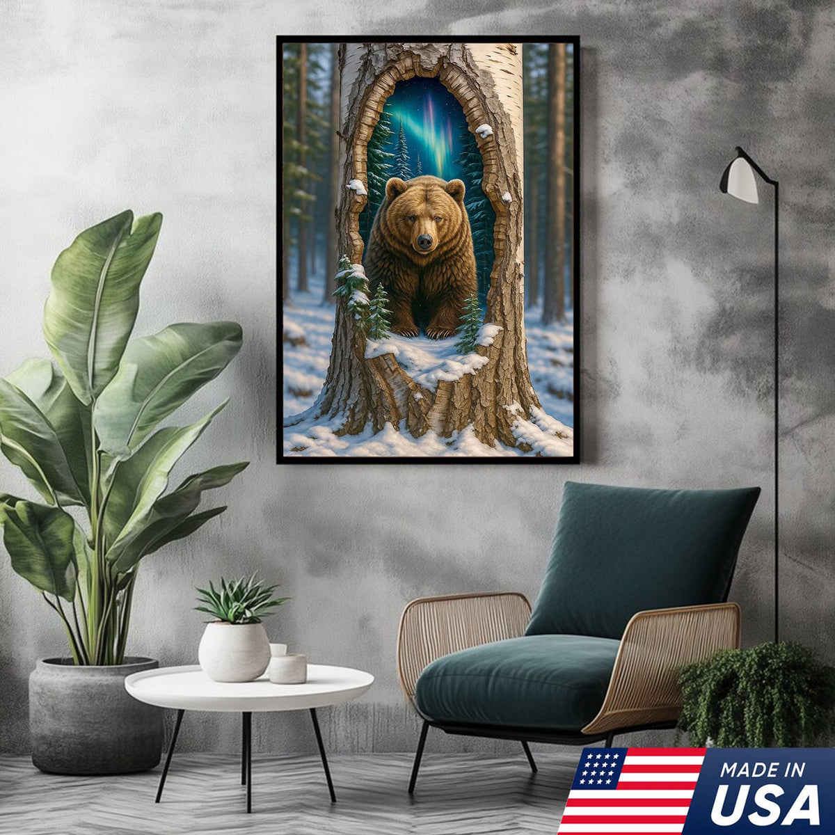 Aurora Borealis Bear in Hollow Tree Canvas Wall Art, Winter Forest Cabin Decor