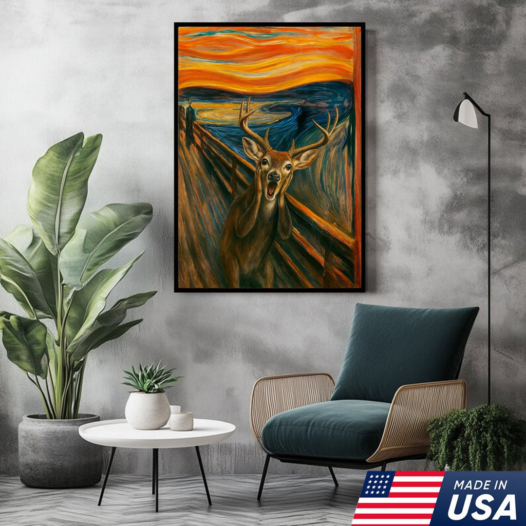 Funny Deer Wall Art Canvas – The Scream Parody Hunting Decor – Rustic Wildlife Home Decoration