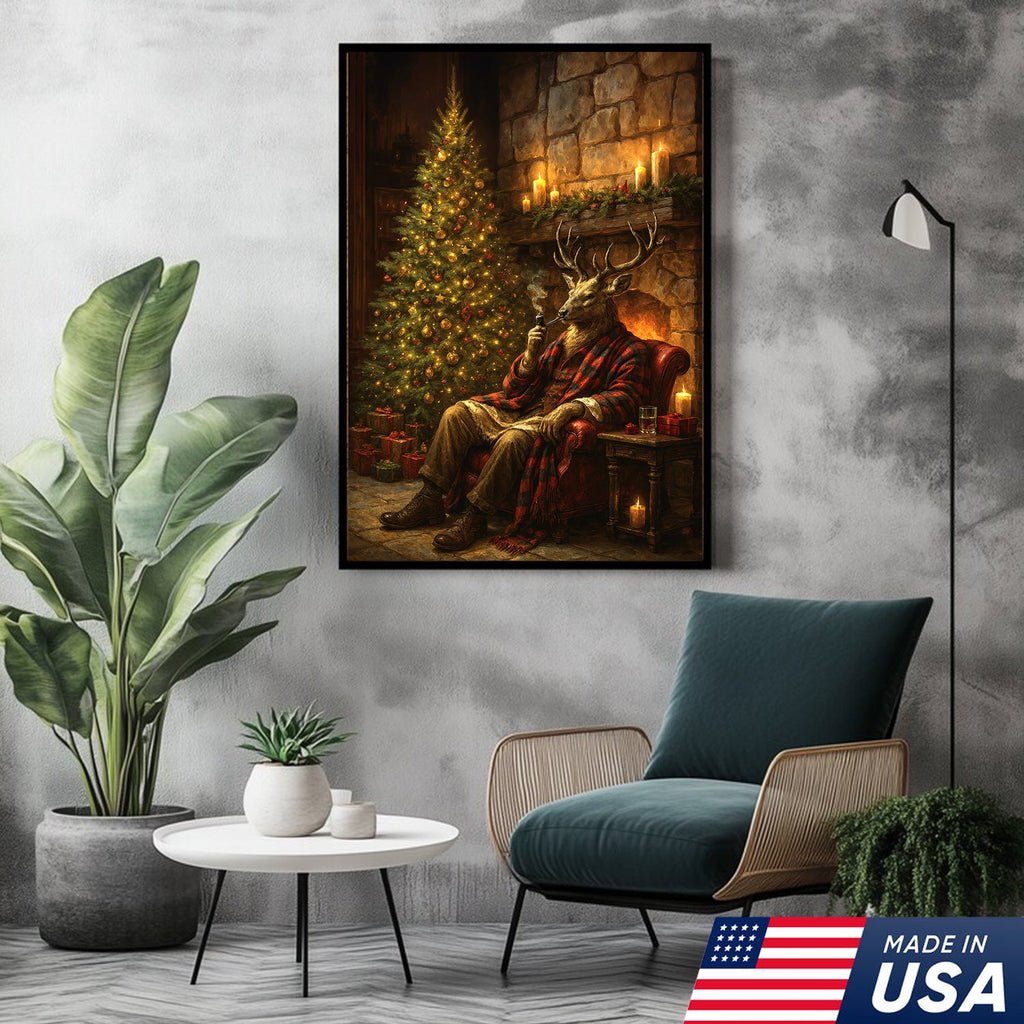 Christmas Deer Smoking Pipe Canvas - Cozy Cabin Wall Decor, Rustic Holiday Artwork