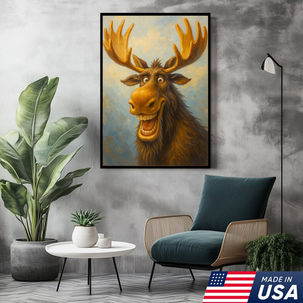 Funny Moose Wall Art – Cartoon Moose Decor, Rustic Cabin Gift, Lodge Bar Humor Canvas Print