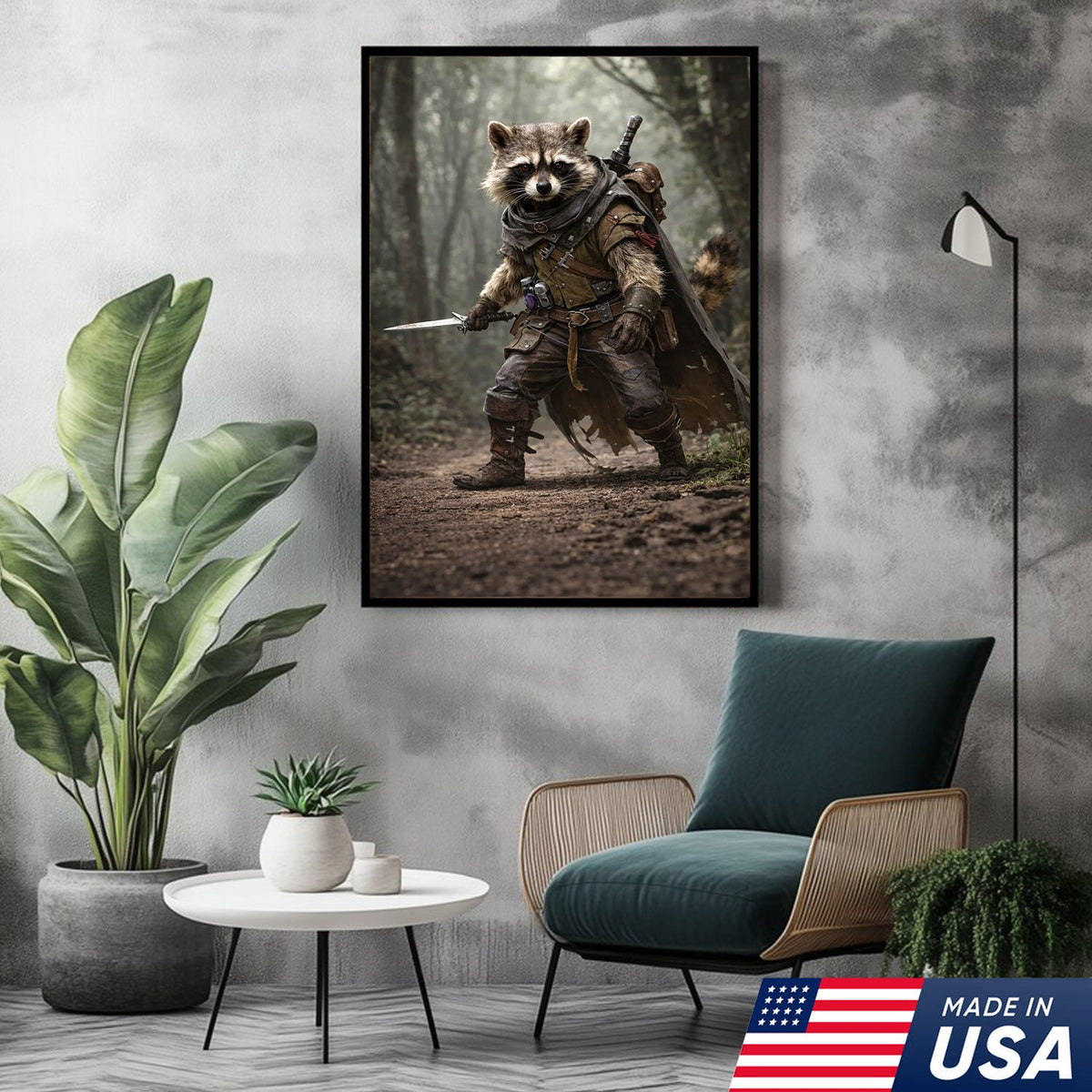 Epic Raccoon Warrior Wall Art Canvas Print, Fantasy Adventurer Animal Illustration