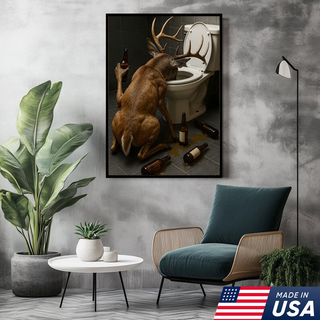 Funny Drunk Deer Canvas Wall Art, Hilarious Buck Bathroom Decor