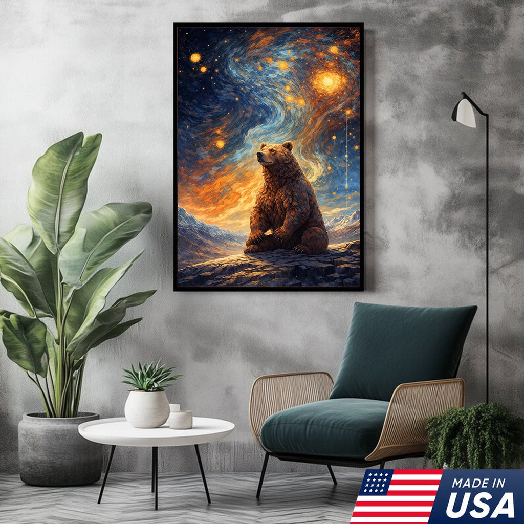 Cosmic Bear Under Starry Sky Canvas – Dreamy Galaxy Wildlife Wall Art