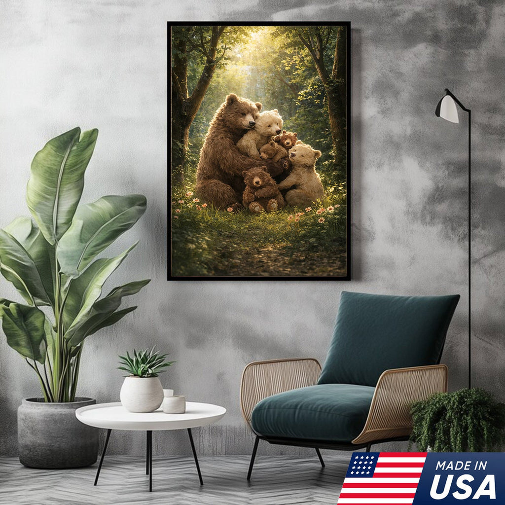 Heartwarming Bear Family Canvas Wall Art, Mother Bear with Cubs in Sunlit Forest