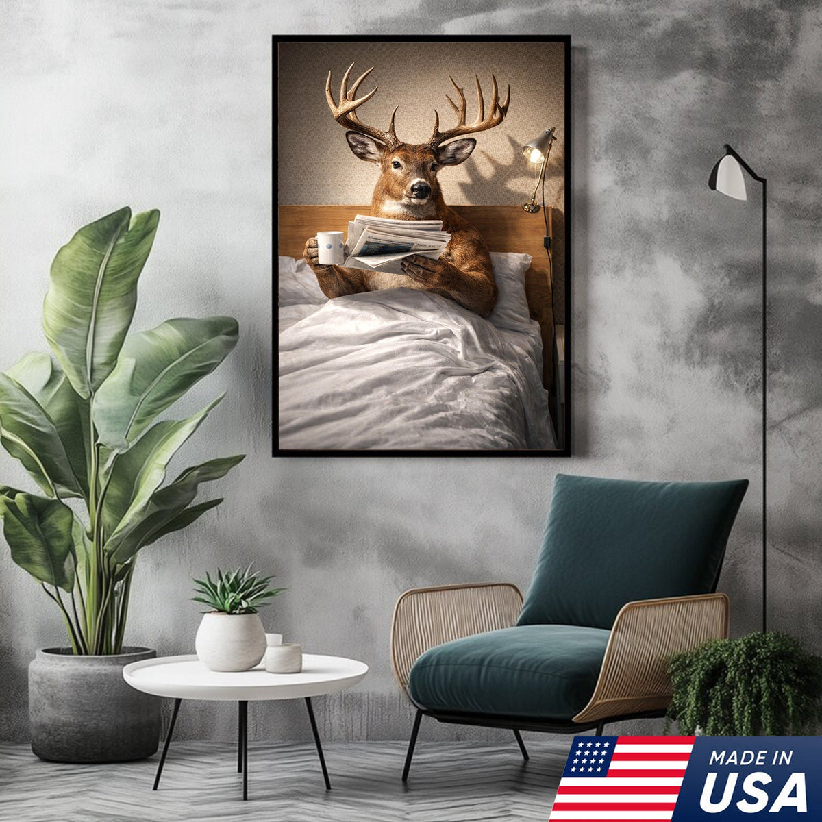 Funny Deer Canvas Wall Art Morning Coffee Newspaper Animal Humor Decor