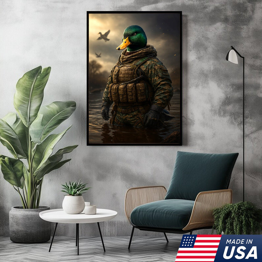 Tactical Duck Canvas Art – Elite Armored Mallard Warrior in Battle Scene