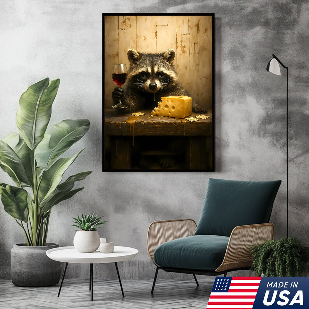 Raccoon with Wine and Cheese Canvas – Funny Bar Wall Art, Gentleman Gift for Men