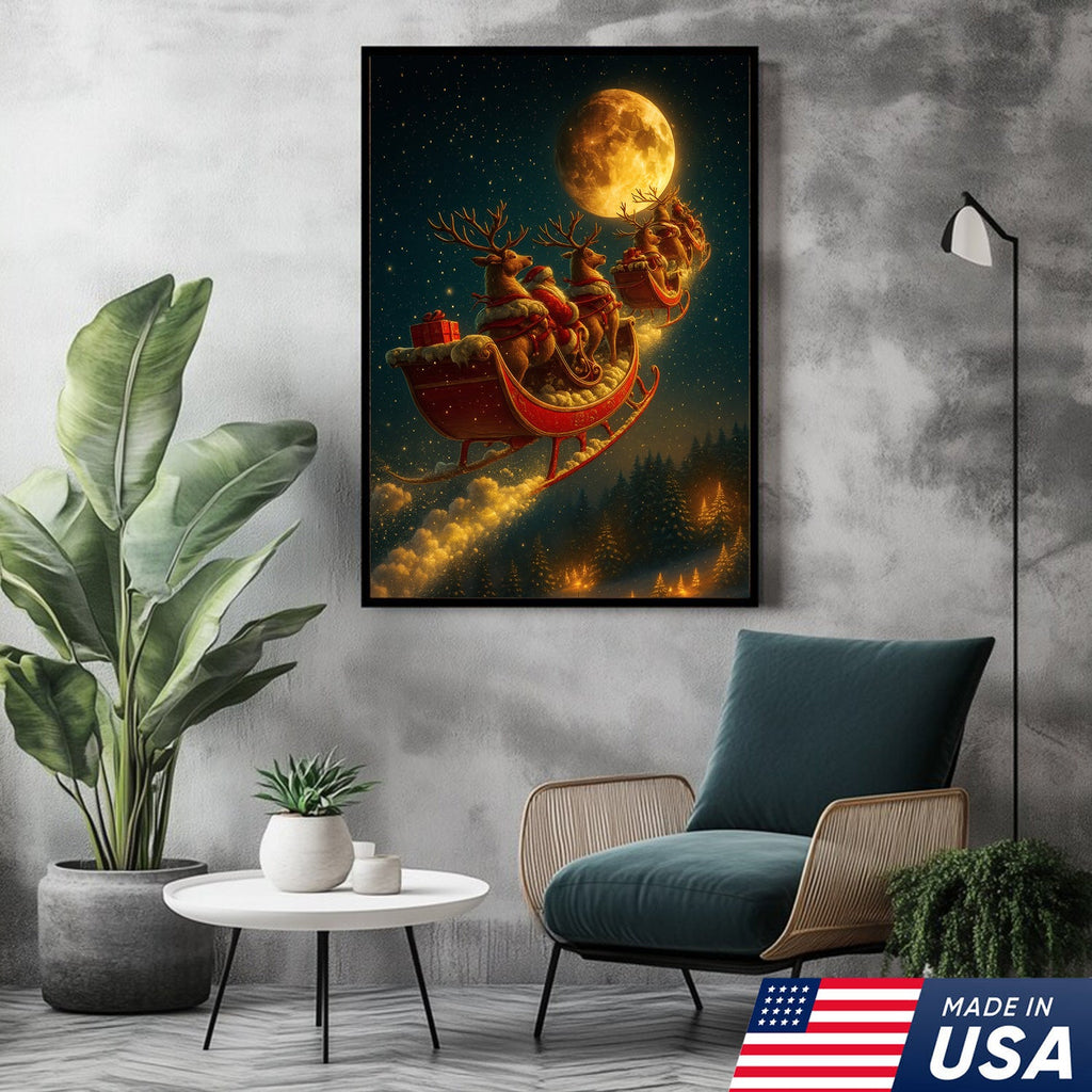 Magical Santa Sleigh and Reindeer Canvas – Christmas Wall Art Gift for Hunters & Holiday Lovers