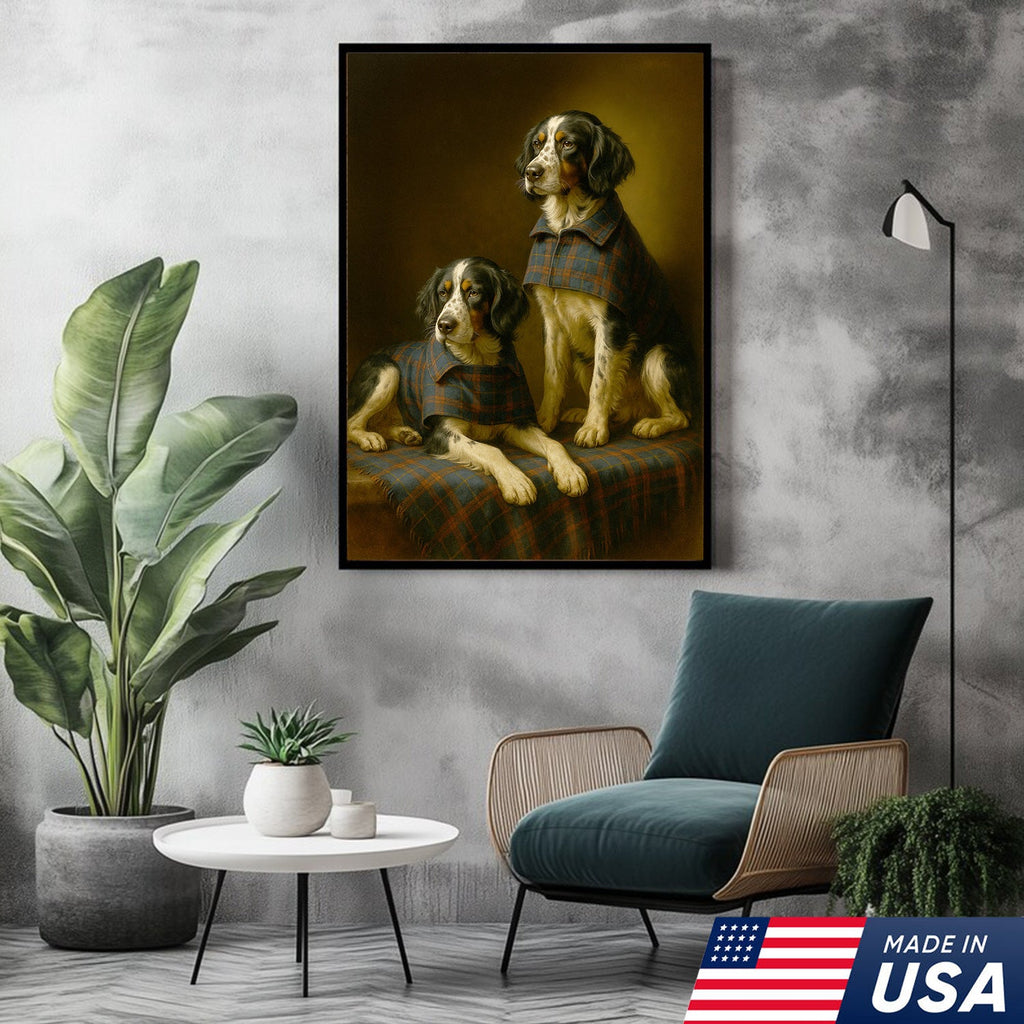 Elegant Dog Portrait Christmas Canvas Wall Art – Classic Plaid Outfit Decor