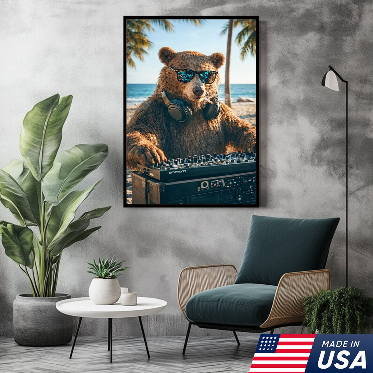 Cool DJ Bear Beach Canvas Wall Art – Trendy Animal Music Print
