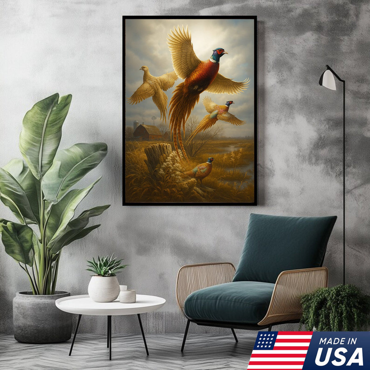 Pheasant in Flight Canvas – Rustic Countryside Wall Art for Lodge & Hunting Decor