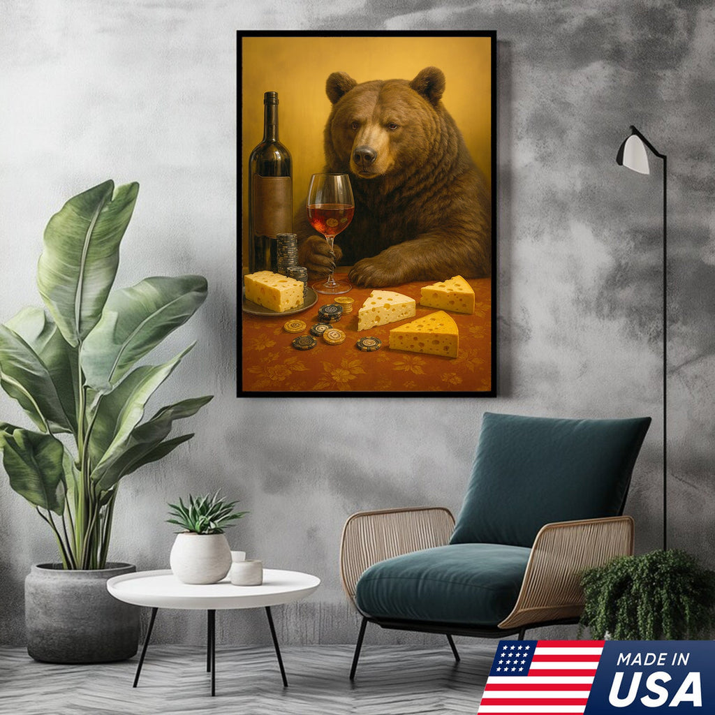 Funny Bear Wine & Cheese Wall Art Canvas - Poker Room Decor, Animal Painting for Home Bar