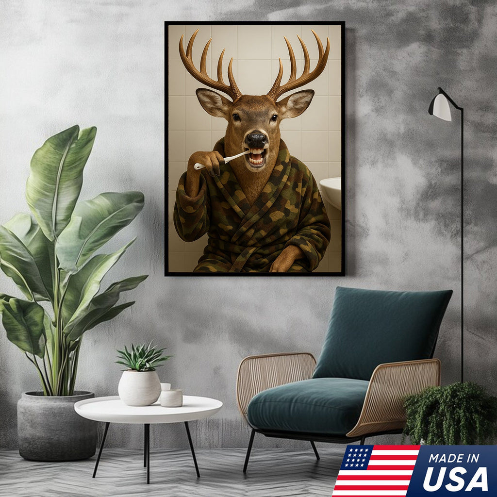 Funny Deer Brushing Teeth Wall Art – Rustic Bathroom Canvas for Cabin, Lodge & Man Cave Decor