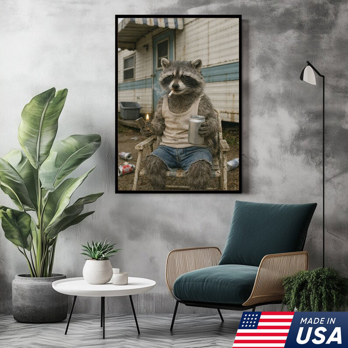 Funny Raccoon Trailer Park Canvas Wall Art, Redneck Raccoon Smoking with Beer