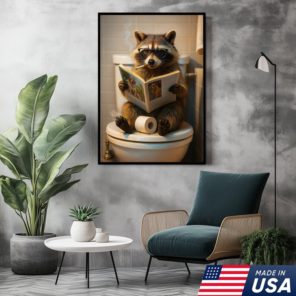Funny Raccoon On Toilet Canvas – Smoking Raccoon Reading on Toilet, Bathroom Humor Wall Art