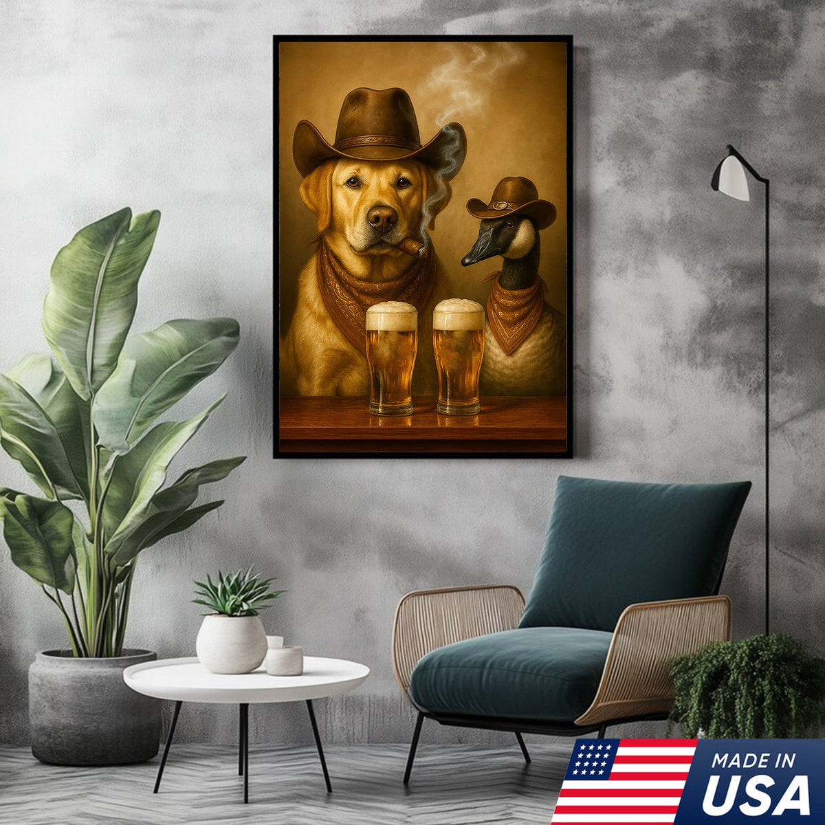 Funny Cowboy Dog & Goose Canvas Wall Art – Funny Beer & Smoking Western Decor for Hunters