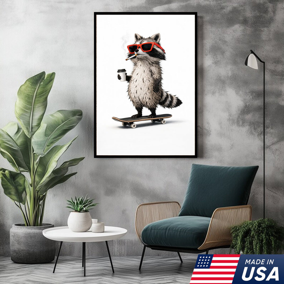 Cool Skateboard Raccoon Wall Art Canvas Print, Funny Urban Animal Illustration