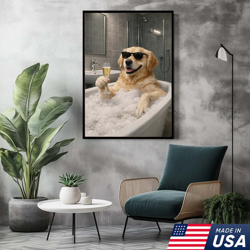 Golden Retriever Bath Canvas Wall Art, Funny Dog Bathroom Decor