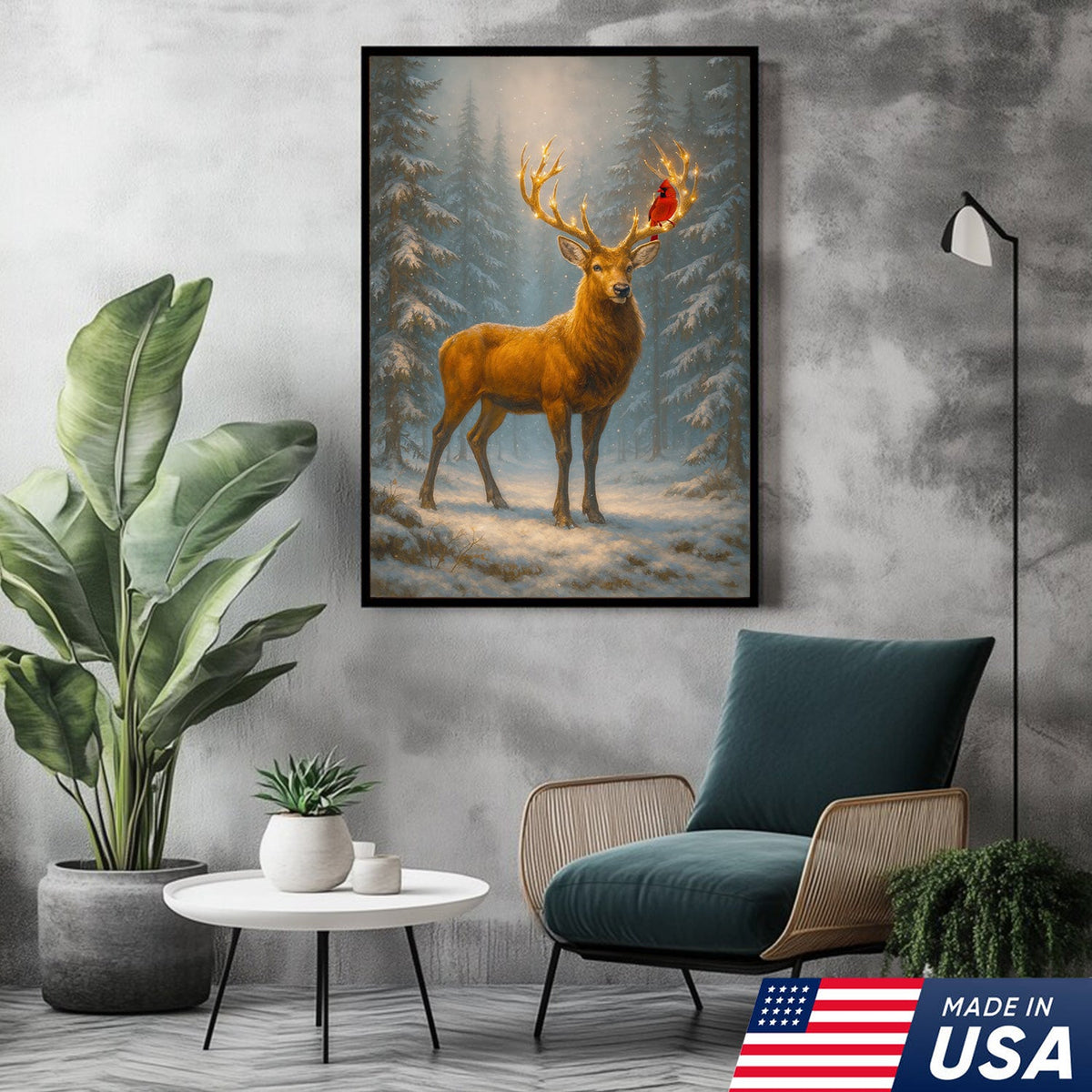 Majestic Deer Christmas Canvas Wall Art – Winter Woodland Decor, Lighted Antlers Canvas