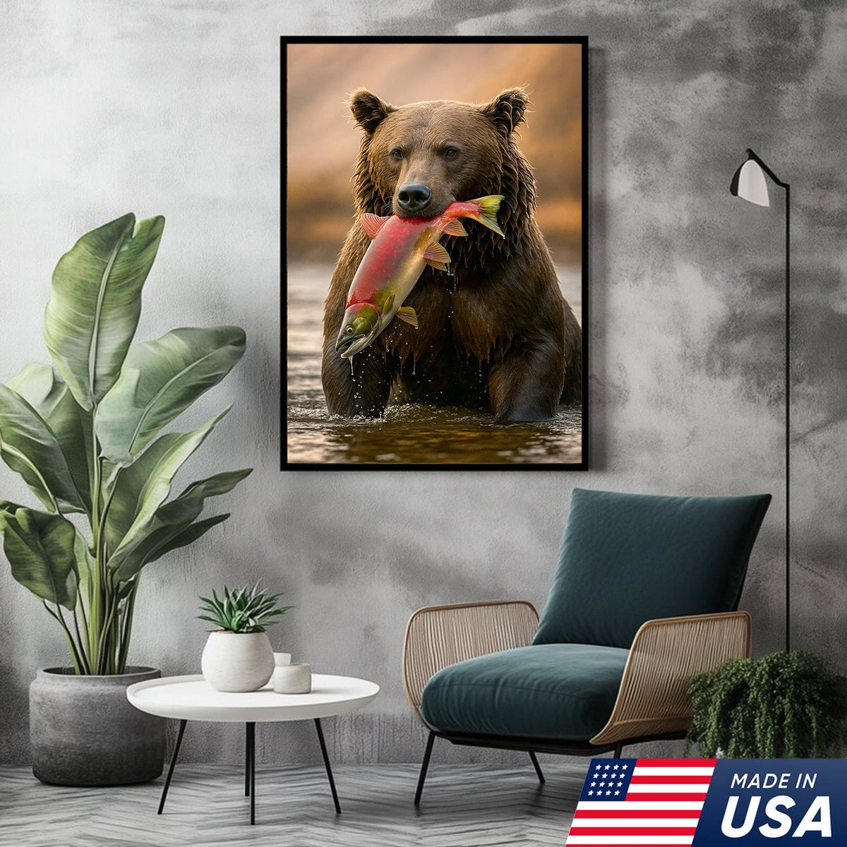Bear Catching Salmon Canvas Wall Art, Wildlife River Cabin Decor, Nature Lover Gift