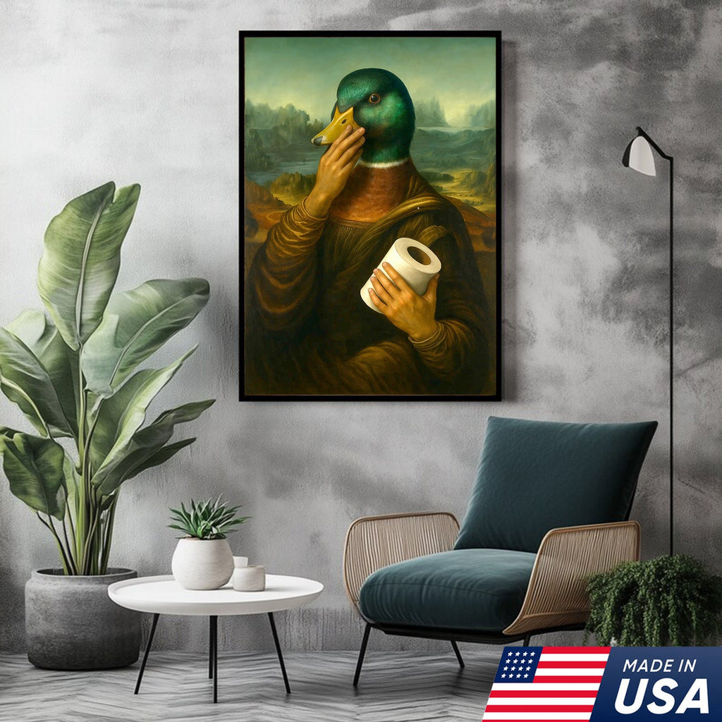 Funny Duck Canvas Wall Art, Parody Bathroom Artwork, Humorous Animal Portrait Decor