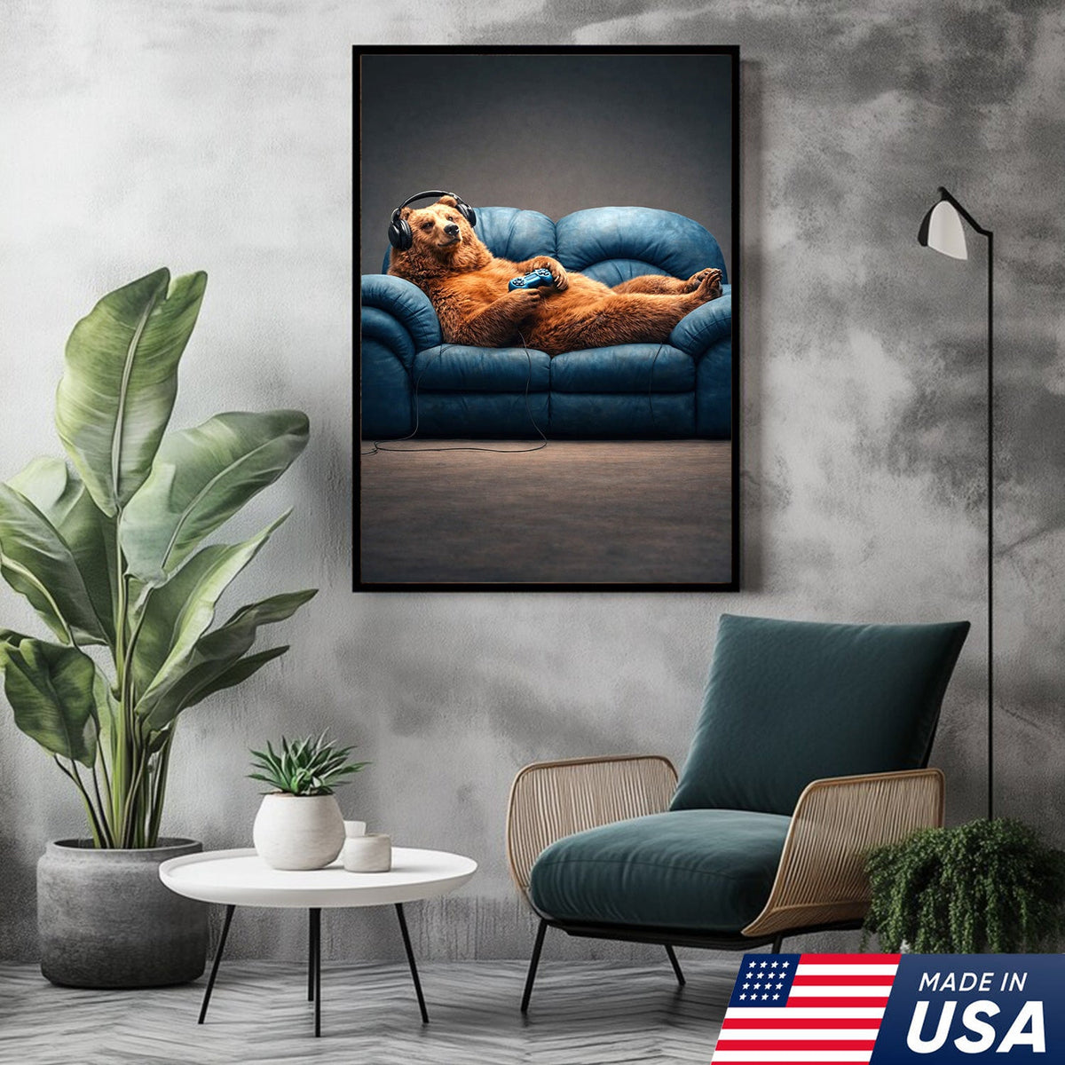 Funny Gamer Bear Wall Art Canvas Print, Relaxing Animal Gaming Illustration