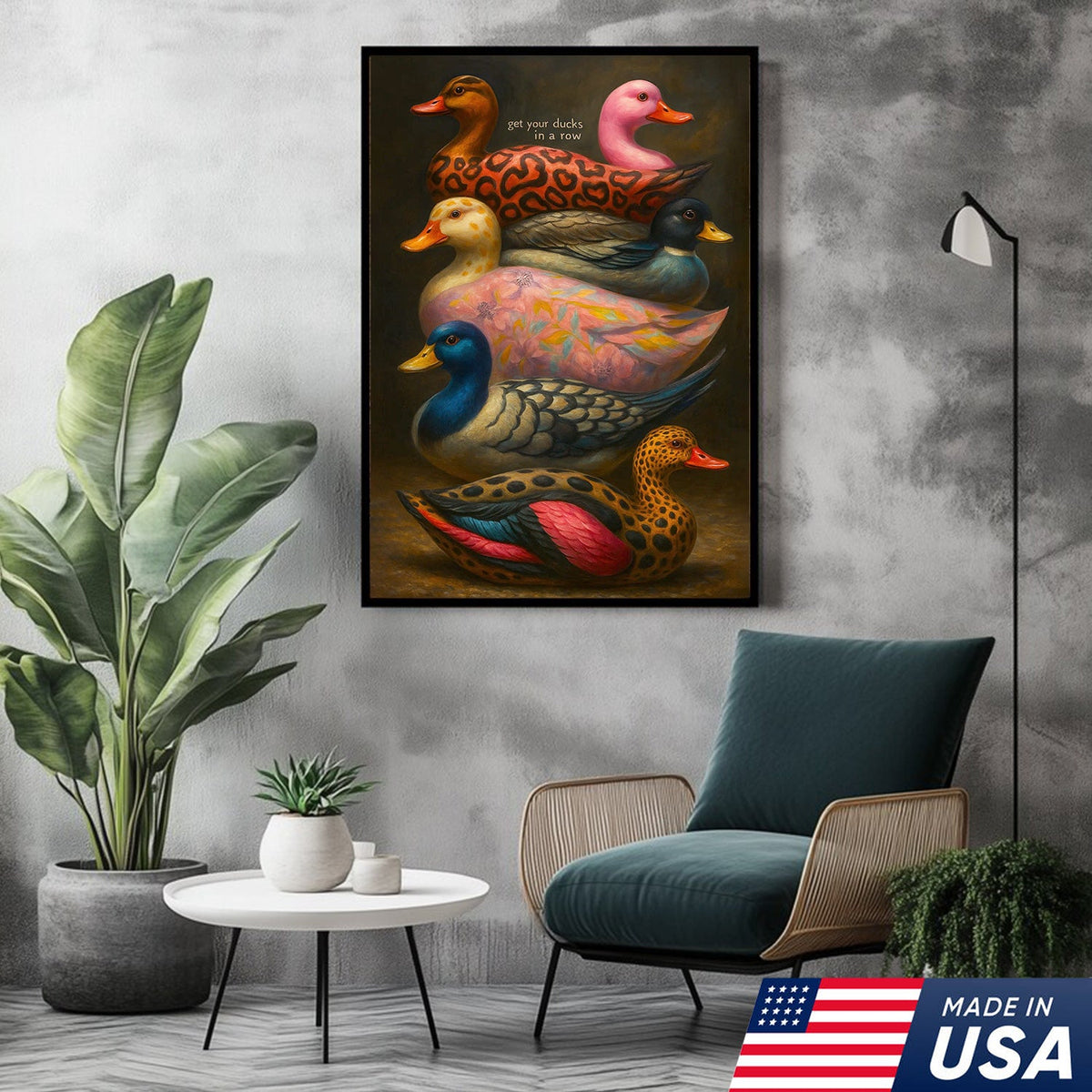 Colorful Duck Wall Art Canvas – Funny Get Your Ducks in a Row Farmhouse Decor