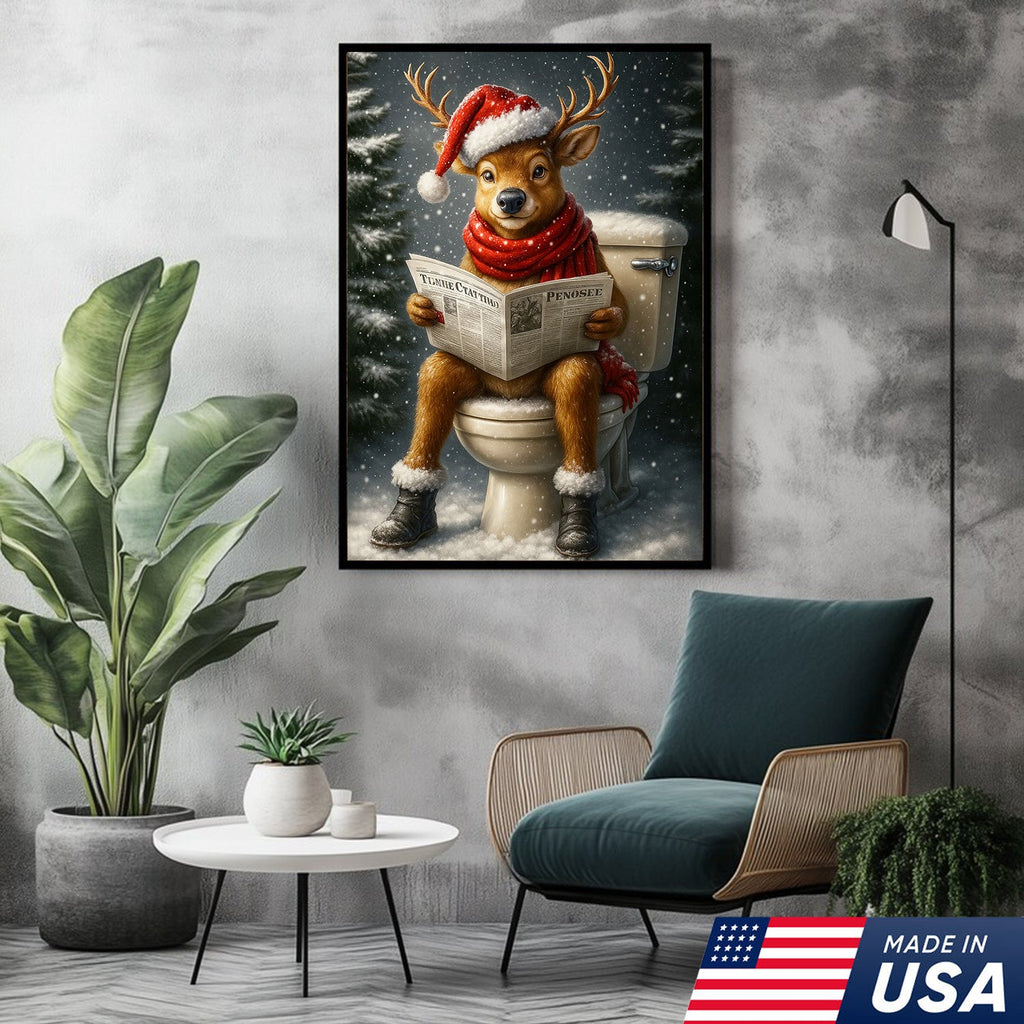 Funny Deer Christmas Canvas Wall Art – Holiday Bathroom Decor – Rustic Hunting Lodge Gift