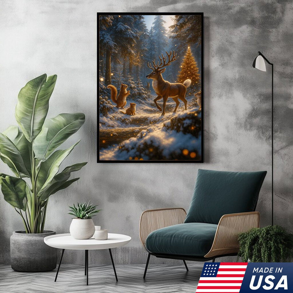 Christmas Deer Forest Wall Art Canvas – Magical Winter Woodland Print