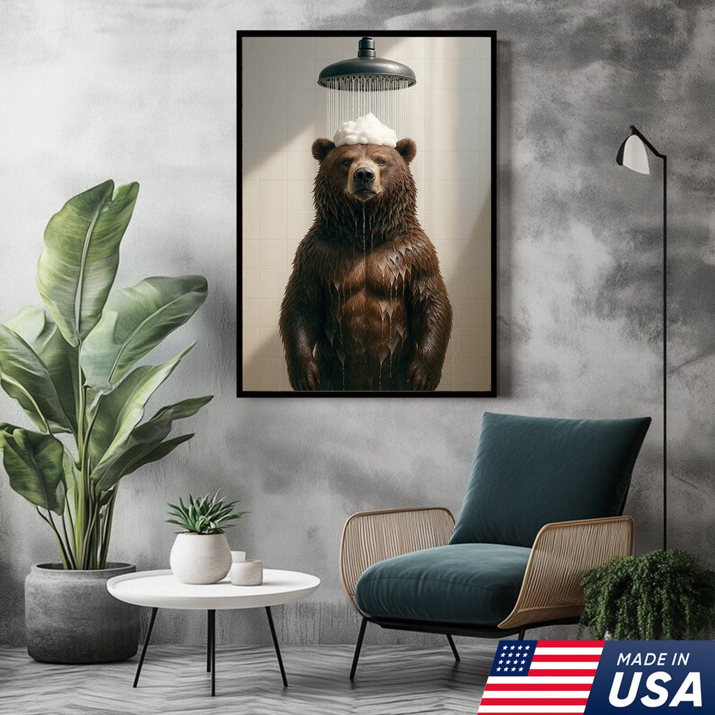Funny Bear Taking Shower Bathroom Canvas Wall Art, Rustic Cabin Lodge Bathroom Decor