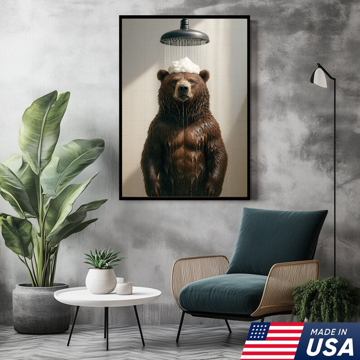 Funny Bear Taking Shower Bathroom Canvas Wall Art, Rustic Cabin Lodge Bathroom Decor
