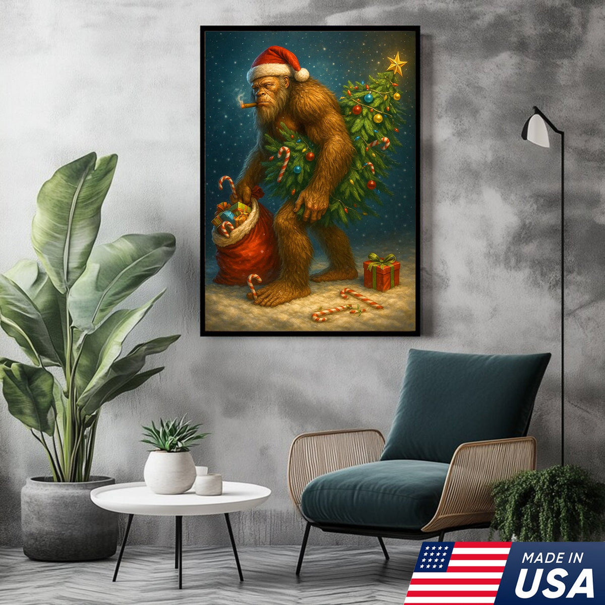Funny Bigfoot Christmas Canvas Art, Sasquatch Holiday Wall Decor with Candy Canes