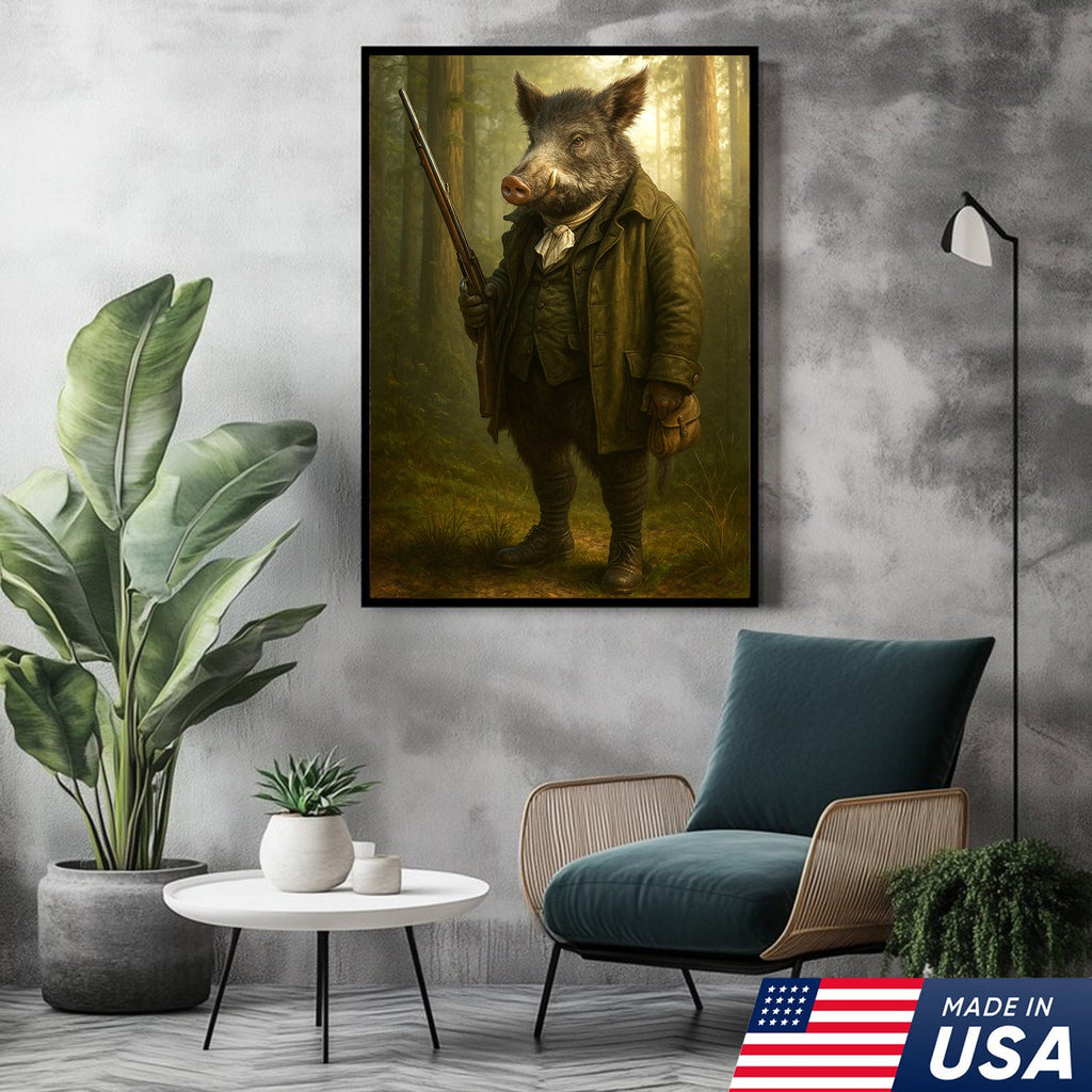 Funny Wild Boar Hunter Canvas Wall Art – Rustic Hunting Lodge Decor Gift for Hunters