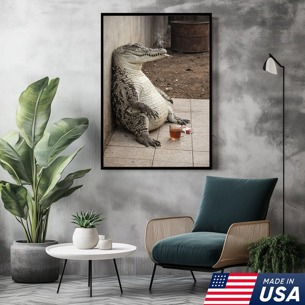 Funny Crocodile Smoking & Drinking Coffee Canvas Wall Art, Dark Humor Animal Illustration
