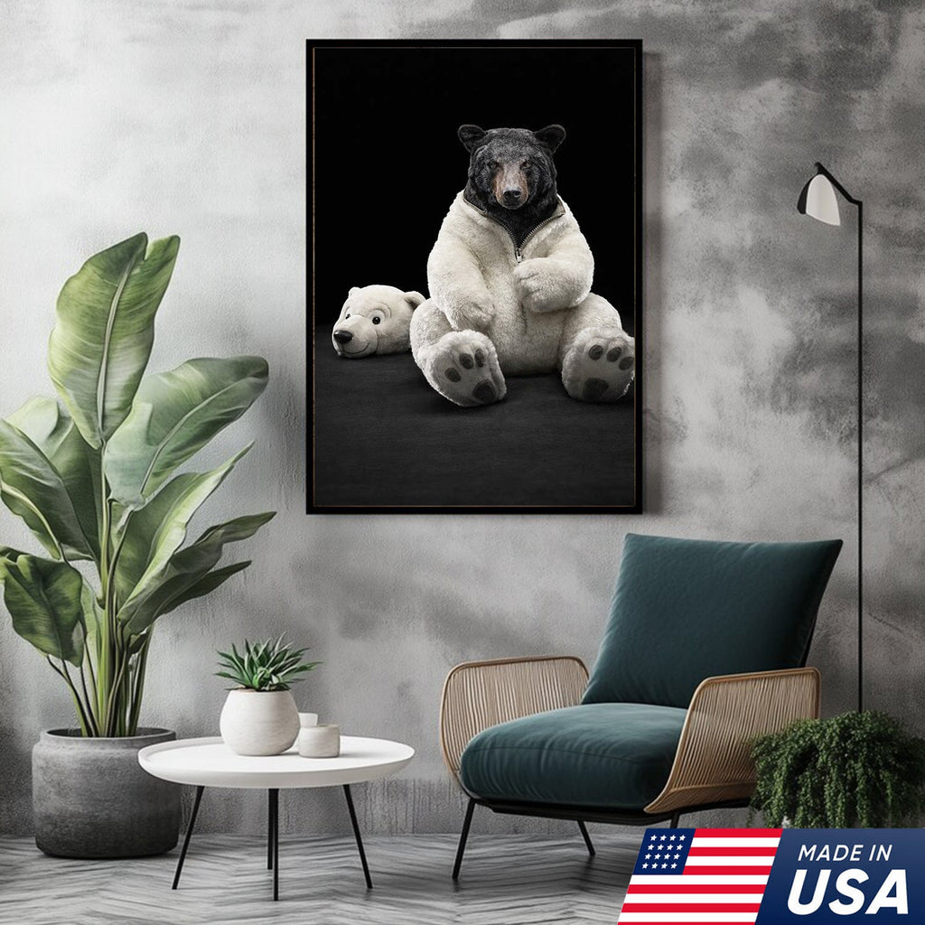 Cute Bear in Plush Suit Canvas Wall Art, Playful Bear Illustration with Soft Toy Head