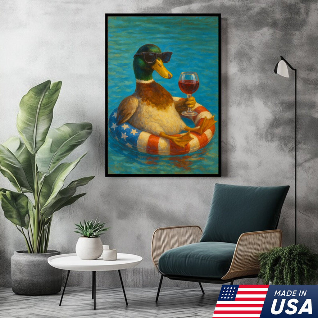 Cool Duck with Wine Canvas – Sunglasses, USA Flag Pool Float, Funny Summer Wall Art