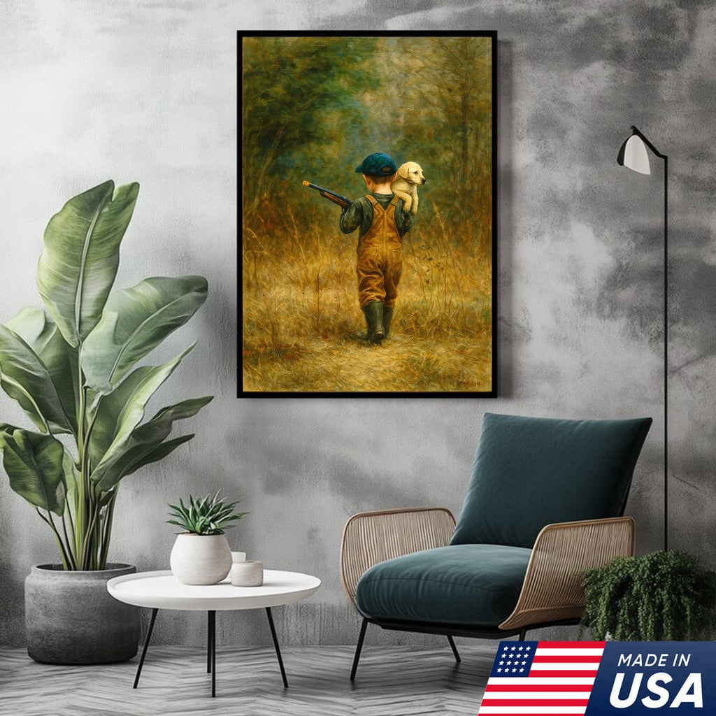 Little Hunter and Puppy Canvas Wall Art, Wholesome Boy with Dog Artwork