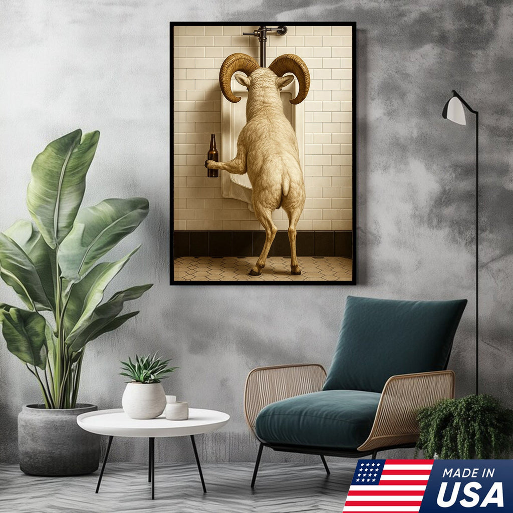 Whimsical Dall Sheep Canvas Wall Art - Funny Rustic Bathroom Decor for Cabin, Farmhouse, and Lodge