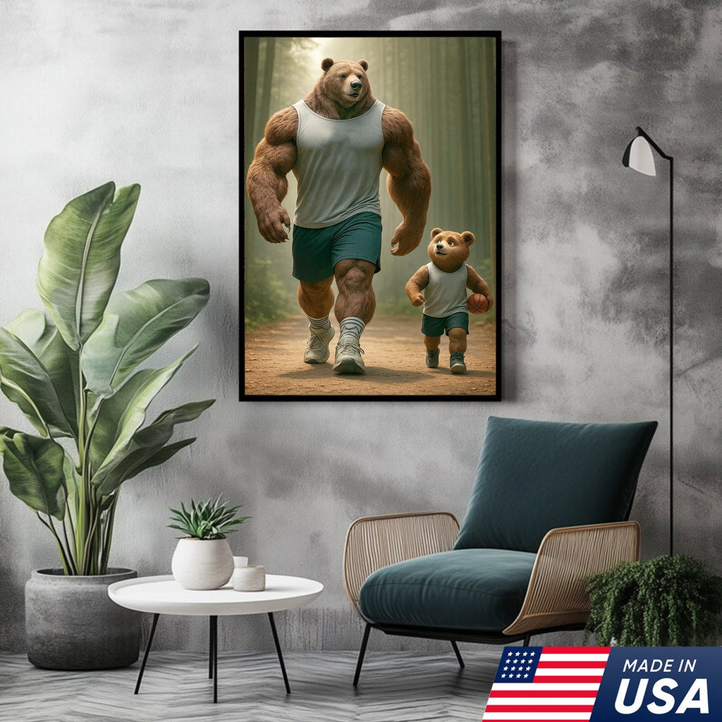 Buff Bear Dad and Cub Canvas Wall Art, Fitness Father and Son Bear Print