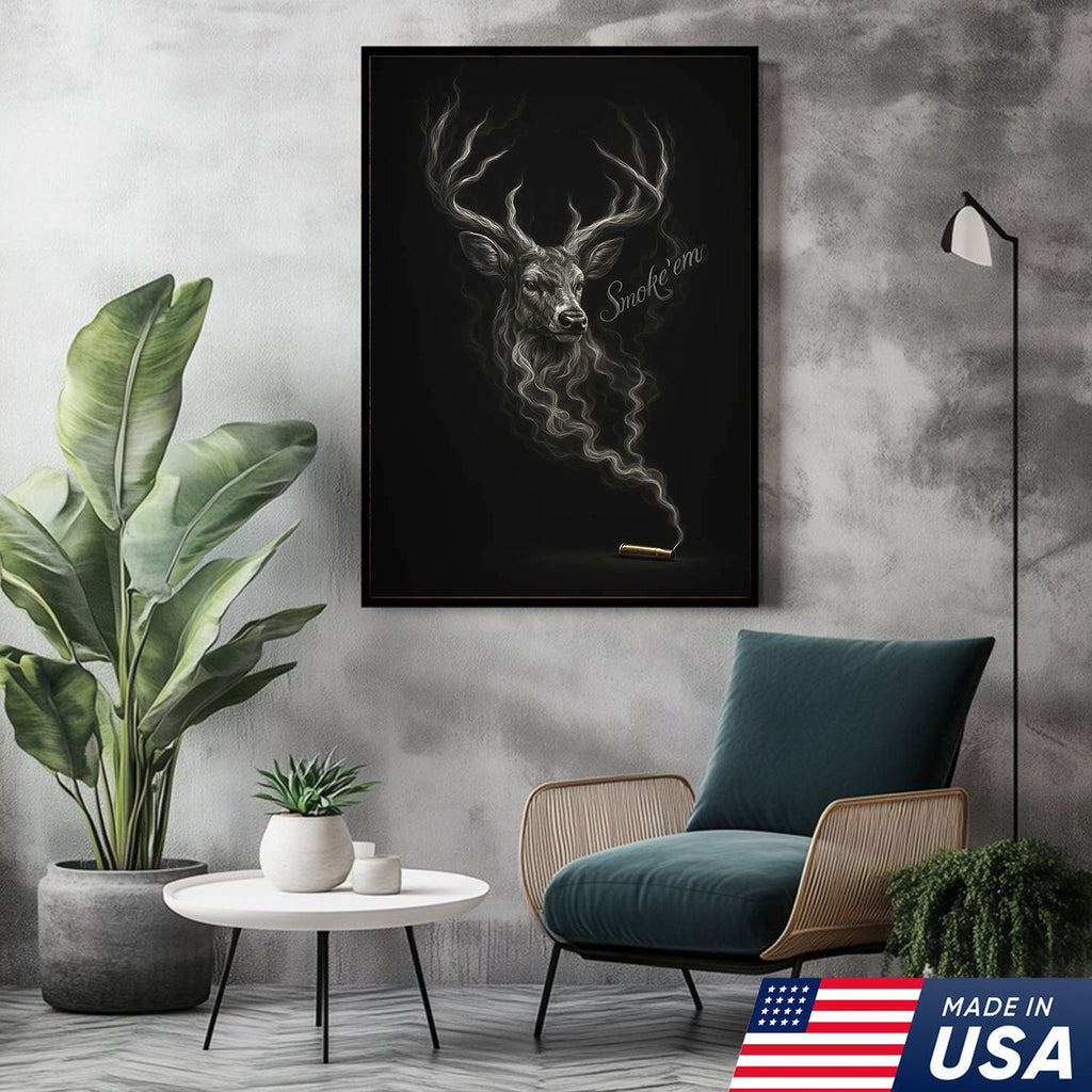 Smoke ’Em Deer Canvas, Rustic Hunter Wall Art, Smoky Buck Skull Design