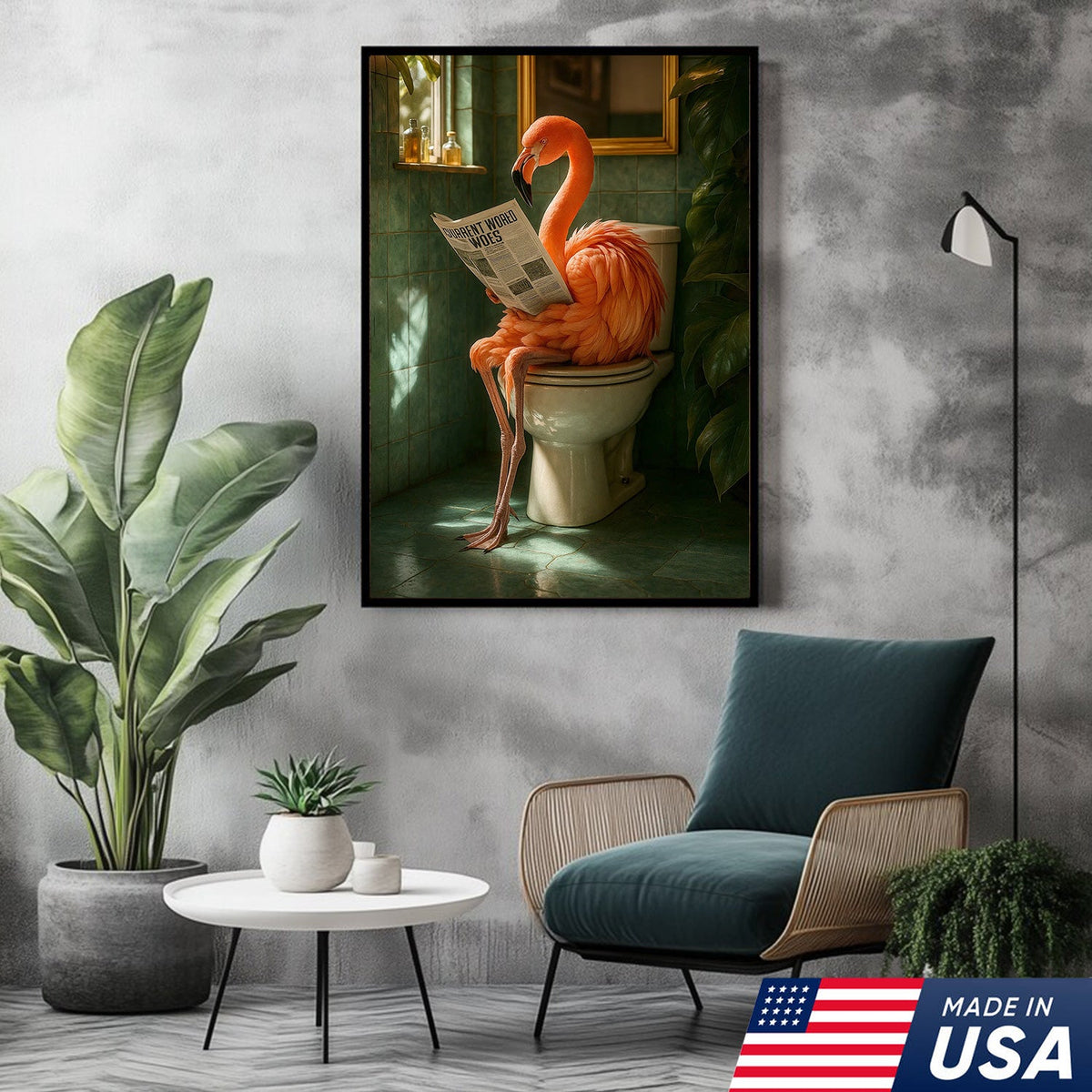 Funny Flamingo Bathroom Canvas Wall Art – Quirky Bird Reading Newspaper Print