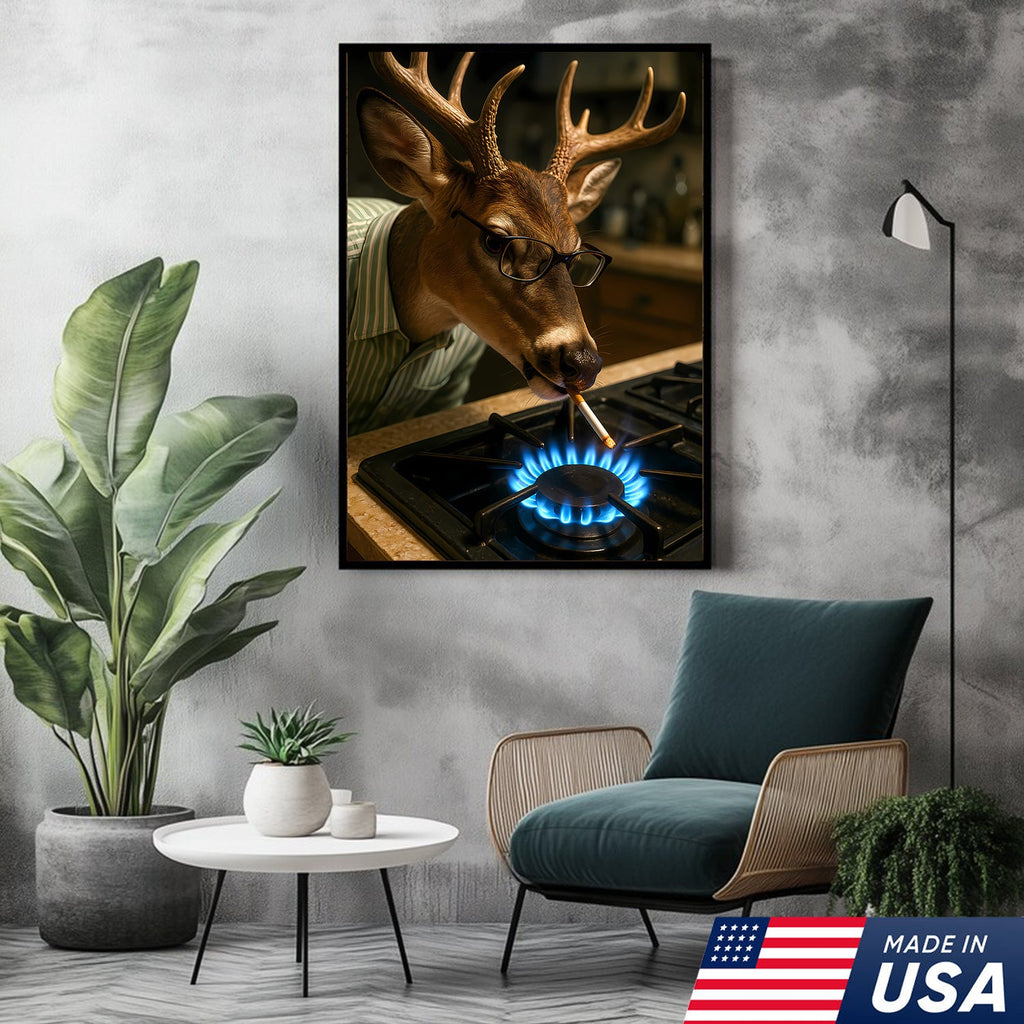 Funny Deer Smoking Canvas, Hilarious Buck Wall Art for Hunters, Rustic Cabin or Man Cave Decor