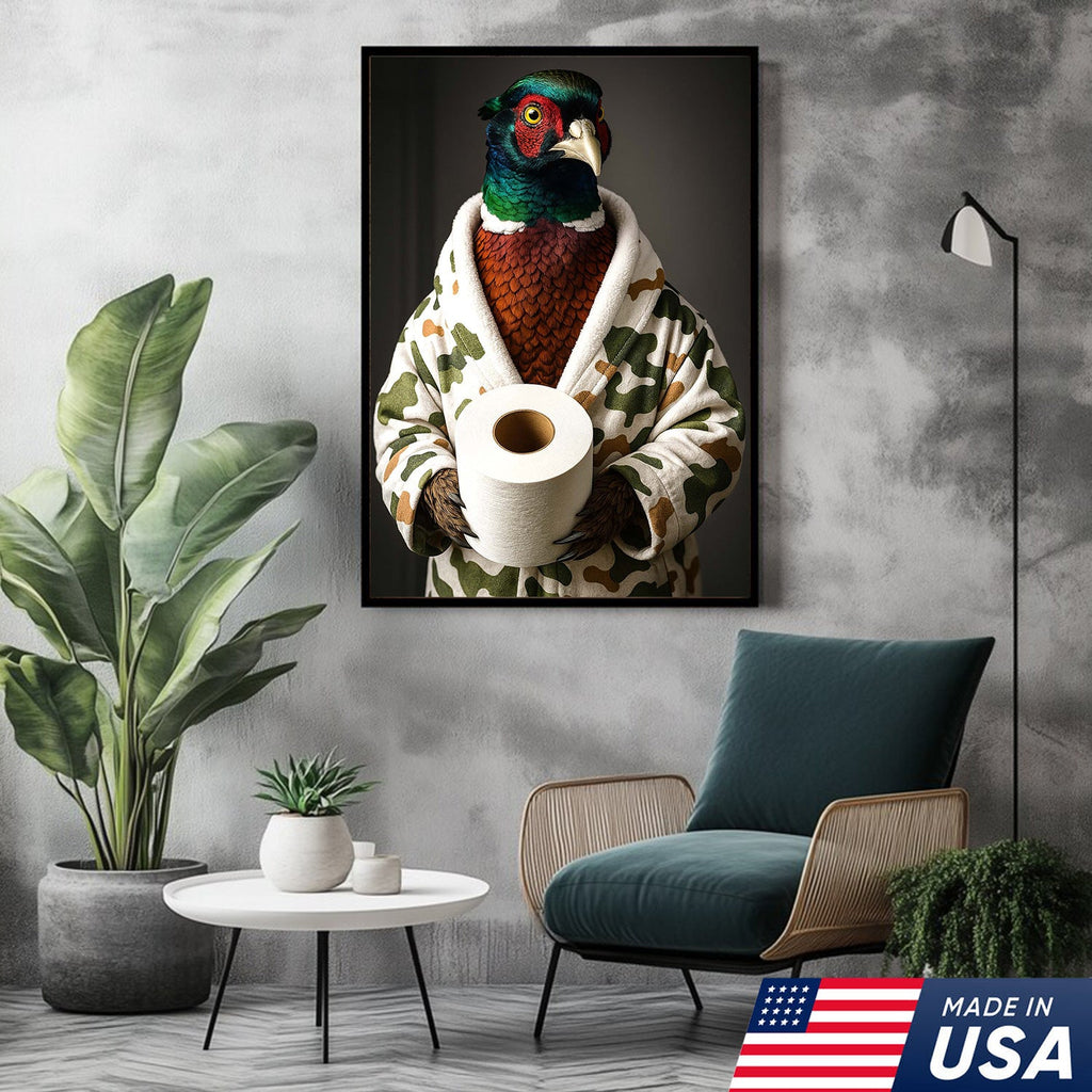 Funny Pheasant Bathroom Wall Art – Camo Robe Bird Holding Toilet Paper Print